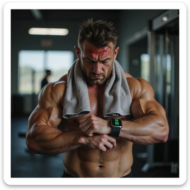 hyperrealistic 4K image of a muscular man in his 30s, breathing heavily, obsessively checking wrist heart rate monitor, face red and contorted with stress, sweat pouring, gym towel soaked, panic and fear in his eyes, gym setting sticker