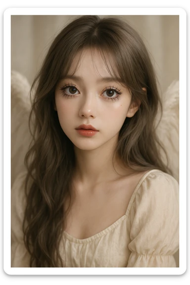 angelic young woman, brownish-gray hair, big eyes with spider lashes, douyin style Korean makeup, dreamy and soft look sticker