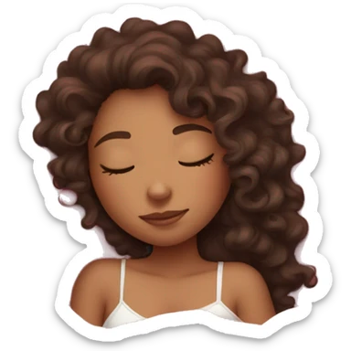 curly brunette girl light skin sleeping in pink sheets sticker