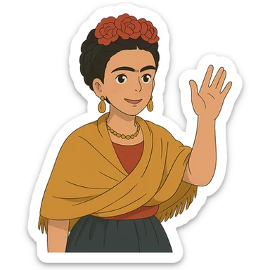 ghibli style Frida Kahlo waving farewell sticker