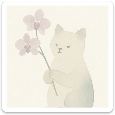 cat holding a spring orchid, watercolor art style sticker