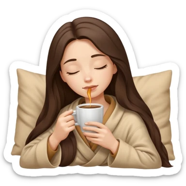 Brunette girl long hair inside a beige blanket sipping coffee eyes closed sticker