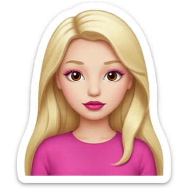 a girl with long eyelashes a pink outfit, long blonde hair, and big lips with red lipstick sticker