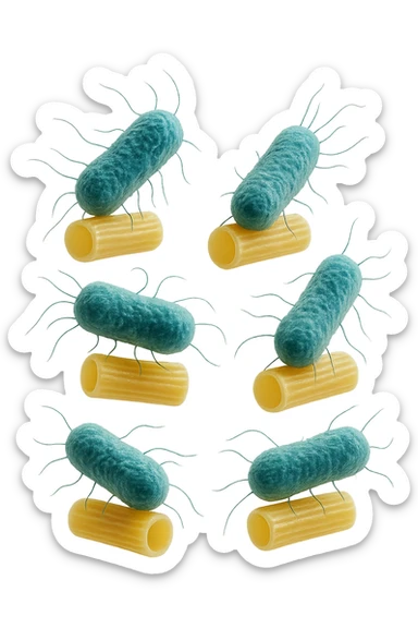 SEI BATTERI intestinALI FLUTTUANO IN ARIA CON PENNE DI PASTA RIGATE, IPERREALISTICO 4K sticker
