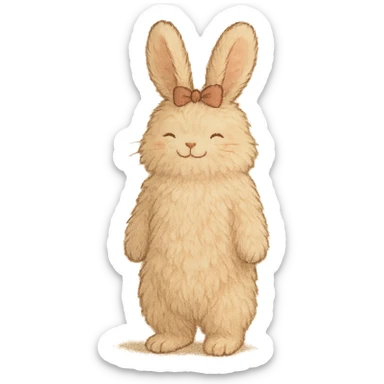 super soft extra fluffy bunny hair straightener with a tiny bow gentle happy face soft pink full-body emphasizing plush fur and gentle Ghibli textures sticker