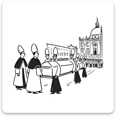 A respectful drawing of a papal funeral procession at Vatican City with cardinals, the papal coffin, and St. Peter's Square filled with mourners sticker