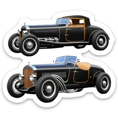 Batgirl’s black Bare bones drag racing modified (fenders removed) chopped streamlined sporty roadster that is a (stripped down) hot street rodded engine sports car 1932 Rolls Royce Woody futuristic  wide racing wheels that are held strong by advanced suspension and steering sticker