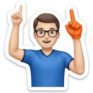 A slim man with glasses, pumping the foam finger in the air with bright enthusiasm. sticker