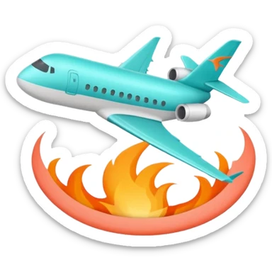 Minimalist flame combined with airplane outline icon, thin contour, monoline vector, premium travel promo emoji, aqua teal and light coral, transparent background, 512x512 sticker