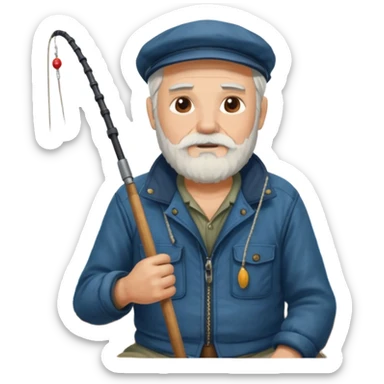 an old white haired, bearded man in fisherman attire, sat in a big boat on the ocean, casting a fishing line into the water sticker