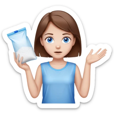 Brown hair blue eye Girl shrugging holding a clear plastic bag with white powder sticker