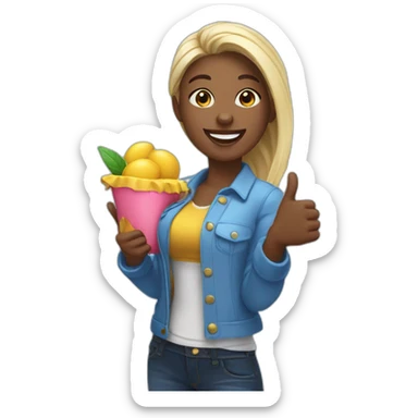 influencer promoting a bright purchase in her arms and thumb up sticker