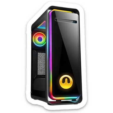 gaming PC modern desktop tower with RGB lights and side window sticker