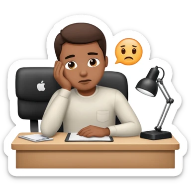 man sitting at his workplace, working hard, very tired sticker