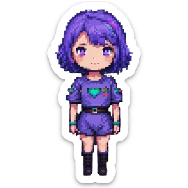 Girl with short purple hair, pixel art style sticker