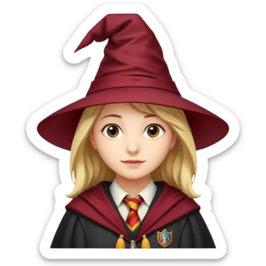 A young woman wearing a classic witch’s hat, red tie, and wizarding robes. This outfit suggests she's a student from Gryffindor House (from the Harry Potter universe), as the red tie is a signature detail of that house's uniform. sticker