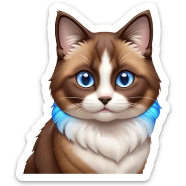 Cinematic Cute Brown Mantle Snowshoe Cat Portrait Emoji, Head tilted playfully and inquisitively, rich brown fur cascading over its back like a mantle, with soft white paws, chest, and face, striking icy-blue eyes brimming with curiosity, Simplified yet irresistibly adorable features, highly detailed, glowing with a warm, friendly glow, high shine, affectionate and lively, stylized with a touch of whimsy, bright and endearing, soft glowing outline, capturing the essence of a mischievous yet loving kitten, so playful it feels like it could pounce out of the screen and into your arms! sticker