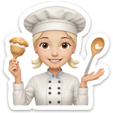 Young female baker - white chef hat, holding cream piping bags in both hands sticker