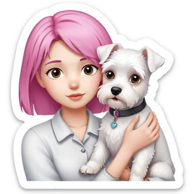 Pink-haired girl holding a white schnauzer dog sticker