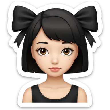 Girl with black cute bob cut with a black top and a bow on her head with long lashes sticker