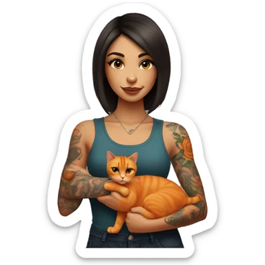 Tattooed brunette girl holding orange cat sticker