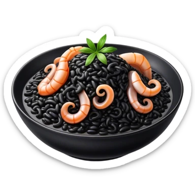 Cinematic Realistic Black Risotto Dish Emoji, showcasing a rich squid ink-infused risotto rendered with bold textures and dynamic, dramatic lighting. sticker