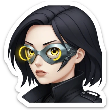A dystopian bounty hunter, black trench coat, cybernetic eye glowing sticker
