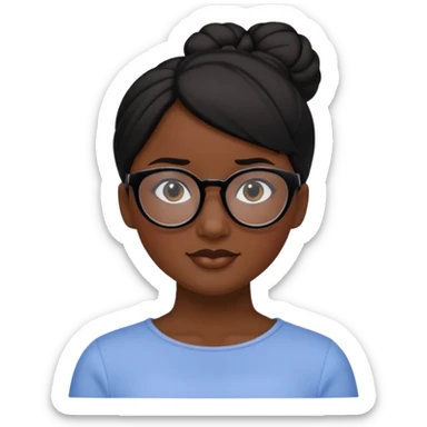 A woman with dark skin, black hair in a neat bun, black glasses, and an oval face with soft features. sticker