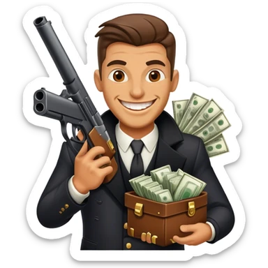 Gangster guy with a big gun with a wide grin on his face and moneybags sticker