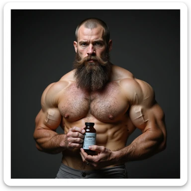 bearded bodybuilder, hyperrealistic, holding a vial labeled 'CARNITINA', 4k quality sticker