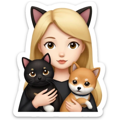 The girl is holding a black cat and a Shiba Inu sticker