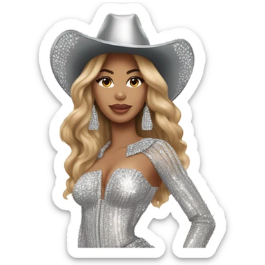 beyoncé in a silver crystal outfit wearing a silver crystal cowboy hat sticker