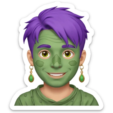 purple haired man with full full face dirty messy green clay mask and earrings happy  sticker