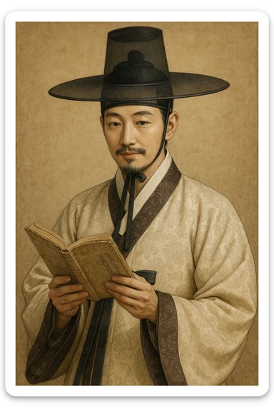 Korean Joseon Dynasty scholar wearing a gat hat, holding a book, intellectual and gentle expression, traditional hanbok sticker