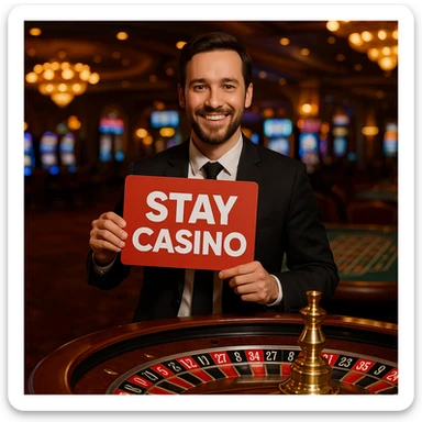 A man with a 'Stay Casino' sign, standing near a roulette table, casino lights and decor visible. sticker