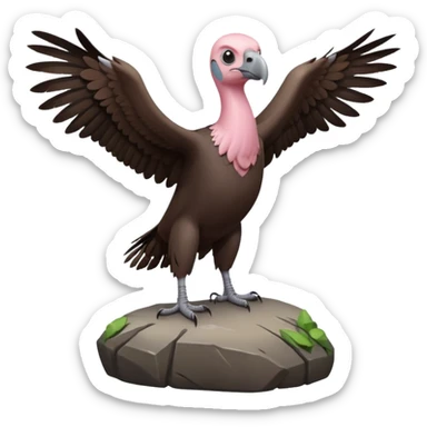 a vulture — large bird with dark brown feathers, bald pinkish head, curved beak and sharp eyes — standing proudly on a rock — wings slightly open — realistic yet cute cartoon emoji look, clean lighting, soft shadows. sticker