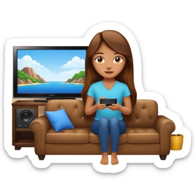 beautiful girl with long brown hair constructing new lounge room area with tv and couch sticker