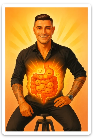 Verticale: uomo con energia positiva che si irradia dall’addome, intestino stilizzato con batteri buoni sorridenti e nessun parassita, atmosfera di salute e vitalità. sticker