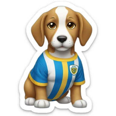 Puppy with a soccer shirt blue with a yellow stripe horizontal in the middle sticker