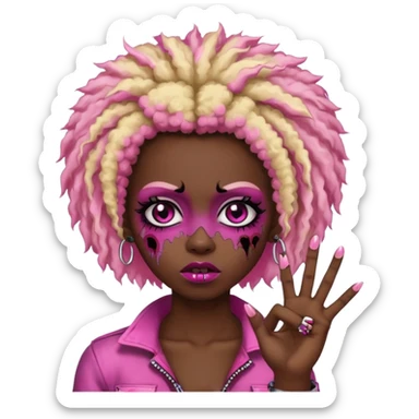 girl, zombie,pink and blonde afro, medium long, emo, shaggy, dark, spooky,double eyebrow dermal piercing, two fingers up sticker