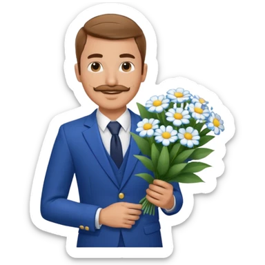 Homme 23 ans léger bouc moustache en costume bleu chemise blanche insigne cabin crew portant bouquet fleur blanche souriant  sticker