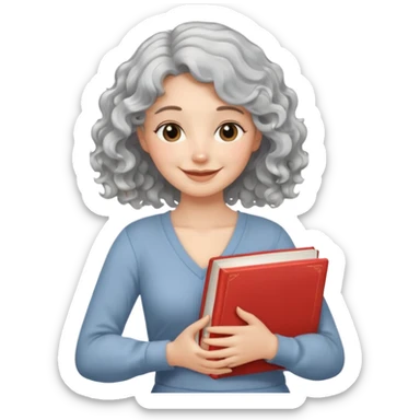 Silver hair, wavy/curly hair chin-length lady giving hug with 2 arms,  v-neck and smiling, add a favorite book sticker