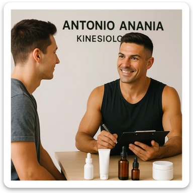 Create a realistic image of a young man visiting Antonio Anania, a kinesiologist, for a kinesiology consultation about cosmetic products. Antonio Anania should resemble the person in the reference photo. Show a professional and positive studio scene with visible cosmetic products. sticker