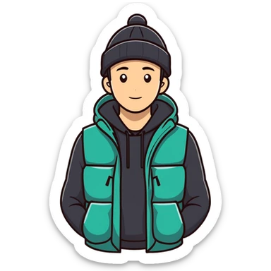 A guy in a hat, black hoodie, and a puffer vest sticker