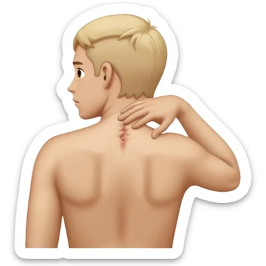 person with strain in the back of their neck. One hand holding the back of the neck sticker