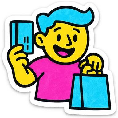 a cheerful guy with a credit card and a shopping bag, vibrant colors sticker