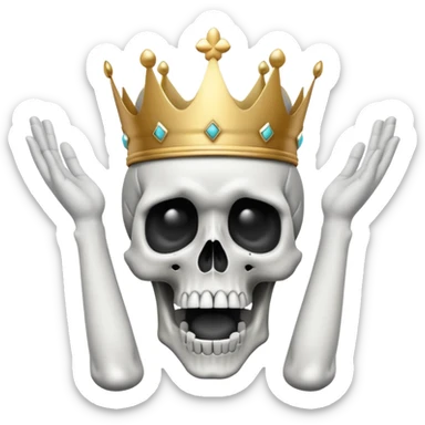 A shocked skull with a crown on top, both hands raised pressing on its head in disbelief, black and white sticker