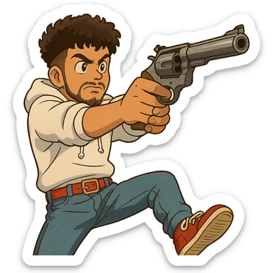 1 male, mid fade haircut dark chestnut brown curly hair, toasted lightskin, white hoodie sleeves up, fashion jeans, red fashion-sneakers shoes, red belt, short trimmed beard and goatee,  style of deku from "my hero academia", drawing a magnum revolver like dirty harry, twtich emote sticker