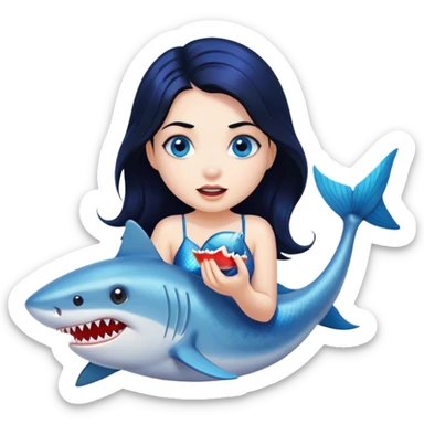 A blue -eyed mermaid with black hair that is eating a shark sticker