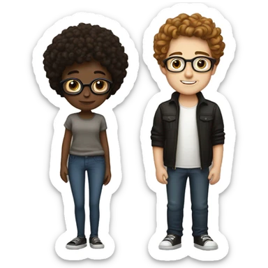 Couple of boyfriends, girl with brown hair with black glasses white skin, boy with curly brown hair white skin sticker